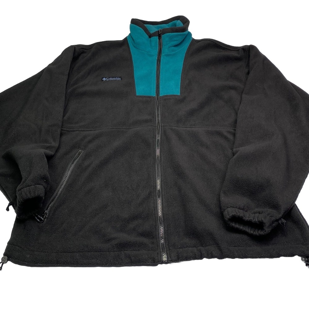 VTG Columbia Mens Size L Black Blue Colorblock Full Zip Fleece Blazer Jacket